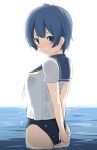  1girl arms_behind_back blue_eyes blue_hair blush character_request copyright_request kichi8 looking_at_viewer looking_back short_hair solo swimsuit wading water wet 