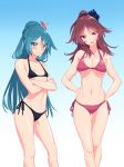  &gt;:( 2girls bikini bikini_day blew_andwhite blue_bikini blue_eyes blue_hair breasts cowboy_shot crossed_arms female flower folded_ponytail hair_between_eyes hair_flaps hair_flower hair_ornament hands_on_hips highres long_hair looking_at_viewer messy_hair midriff multiple_girls navel open_mouth original ponytail red_bikini red_eyes redhead serious side-tie_bikini small_breasts standing swimsuit 