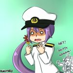  2girls admiral_(kantai_collection) akebono_(kantai_collection) cosplay english female_admiral_(kantai_collection) female_admiral_(kantai_collection)_(cosplay) hat kantai_collection kongou_(kantai_collection) military military_uniform multiple_girls ponytail profanity purple_hair rukotaro uniform 