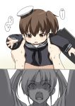  2girls brown_hair commentary_request hat holding kaga_(jmsdf) kaga_(kantai_collection) kantai_collection long_sleeves makishima_azusa multiple_girls neckerchief open_mouth ponytail school_uniform serafuku short_hair side_ponytail translation_request twintails younger zuikaku_(kantai_collection) 