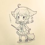  1girl :3 ahoge arinu blush_stickers broom commentary_request monochrome short_hair sketch skirt sleeveless solo touhou translation_request 
