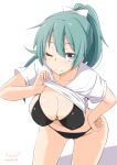  ;) bent_over bikini black_bikini breasts character_request cleavage copyright_request green_eyes green_hair kichi8 large_breasts one_eye_closed ponytail shirt_lift smile swimsuit t-shirt winking 