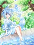  :d animal_ears arm_support barefoot blue_eyes blue_hair feet_in_water fox_ears fox_tail grass japanese_clothes kimono leaf open_mouth original sash sitting smile soaking_feet tail tree water ye_xian 