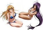  2girls absurdres ahoge bikini blonde_hair blue_eyes breasts cleavage highres ikkitousen kan&#039;u_unchou long_hair multiple_girls one_eye_covered purple_hair smile sonsaku_hakufu swimsuit 