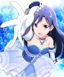 1girl arm_up blue_hair butterfly choker dress earrings elbow_gloves flower gloves hat hat_flower idolmaster idolmaster_one_for_all jabara921 jewelry kisaragi_chihaya long_hair looking_at_viewer necklace open_mouth solo strapless_dress violet_eyes 