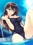  1girl amami_mikihiro bare_shoulders blue_eyes breasts brown_hair chain-link_fence clouds commentary_request fence idolmaster idolmaster_cinderella_girls jpeg_artifacts long_hair looking_at_viewer school_swimsuit shibuya_rin sky smile solo swimsuit 