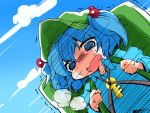  1girl backpack bag blue_eyes blue_hair blue_sky clouds cloudy_sky hair_bobbles hair_ornament hat kawashiro_nitori long_sleeves open_mouth pocket shinapuu shirt short_hair sky solo sweatdrop tool_belt touhou twintails 