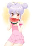  1girl antenna_hair blush double_bun eating food fruit hym9594 miyauchi_renge mouth_hold non_non_biyori purple_hair red_eyes sitting skirt solo sparkling_eyes swimsuit watermelon 