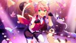  1boy :3 ahoge animal_ears bird black_gloves blush boots cat cat_ears cat_tail ensemble_stars! gloves himemiya_touri male_focus official_art open_mouth payot pink_hair ribbon shirt short_hair shorts smile stage tail vest 