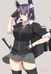  1girl :d breasts eyepatch fingerless_gloves gloves kantai_collection kichi8 large_breasts necktie open_mouth purple_hair salute short_hair smile solo sword tenryuu_(kantai_collection) thigh-highs thighs twitter_username weapon wind_lift yellow_eyes 
