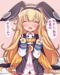  :d animal_ears blonde_hair cape closed_eyes crescent double_v eyebrows hairband long_hair open_mouth pic_k rabbit_ears smile translation_request v 