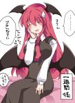  1girl bat_wings blush breasts closed_eyes hammer_(sunset_beach) head_wings koakuma large_breasts long_hair long_sleeves necktie open_mouth redhead revision sitting smile solo sweatdrop touhou translation_request vest wings 