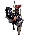  1girl full_body hair_bobbles hair_ornament holding_weapon meranie onozuka_komachi open_mouth pink_eyes puffy_short_sleeves puffy_sleeves redhead scythe short_hair short_sleeves simple_background solo touhou two_side_up weapon white_background 