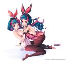  2girls animal_ears blue_hair breasts bunny_girl bunny_tail bunnysuit cleavage cuffs detached_collar fake_animal_ears fake_tail fishnet_pantyhose fishnets grin high_heels kneeling looking_at_viewer maplestory_2 mole mole_under_eye multicolored_hair multiple_girls open_mouth pantyhose pink_hair rabbit_ears red_eyes simple_background sitting smile tail two-tone_hair white_background yumaomi 