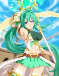  1girl absurdres alternate_costume blush breasts choujigen_game_neptune cleavage clouds green_hair green_heart highres large_breasts long_hair neptune_(series) planeptune polearm ponytail sly spear symbol-shaped_pupils vert violet_eyes weapon wings 