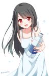  1girl :d arm_behind_back black_hair blush bottle dress long_hair looking_at_viewer open_mouth original red_eyes smile snowmi solo sundress twitter_username very_long_hair 