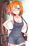  1girl bag blue_eyes blush breasts cleavage collarbone hair_ornament hairclip hand_on_hip handbag highres kousaka_honoka love_live!_school_idol_project mocchi_(shooter1016) naked_overalls one_eye_closed orange_hair overall_skirt overalls side_ponytail sideboob solo thigh-highs zettai_ryouiki 
