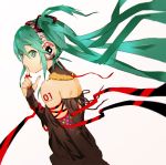  1girl aqua_eyes aqua_hair bare_shoulders black_gloves bridal_gauntlets elbow_gloves finger_to_mouth from_side gloves hatsune_miku headphones long_hair looking_at_viewer ribbon shushing simple_background skullcandy so-bin solo tattoo twintails upper_body very_long_hair vocaloid white_background 