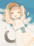  1girl :d blue_bow blue_sky blush bow bracelet breasts cat cat_tail cleavage closed_eyes clouds cloudy_sky collarbone dress hat jewelry okayu_(headless) open_mouth sanya_v_litvyak short_hair silver_hair sky smile solo strike_witches sun_hat tail white_dress 