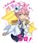  1boy :3 ahoge ensemble_stars! epaulettes green_eyes hat himemiya_touri male_focus mini_top_hat official_art payot pink_hair ribbon short_hair smile solo star top_hat 