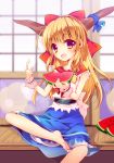  1girl bare_arms barefoot belt blonde_hair bow enjoy_mix fang food fruit hair_bow horn_ribbon horns ibuki_suika long_hair oni_horns open_mouth red_eyes ribbon shirt sitting skirt sleeveless sleeveless_shirt smile touhou veranda very_long_hair watermelon wrist_cuffs 