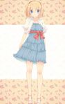  1girl adapted_costume alice_margatroid alternate_costume aoi_(annbi) blonde_hair blue_dress blue_eyes dress floral_background floral_print hairband looking_at_viewer puffy_sleeves ribbon sandals sash short_hair short_sleeves smile solo strapless_dress touhou vest 