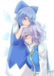  2girls blue_dress bow cirno closed_eyes dress hair_bow highres hug ice ice_wings letty_whiterock multiple_girls short_hair smile touhou white_background wings yet_you 