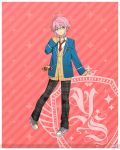  1boy :3 ahoge blazer cardigan ensemble_stars! green_eyes himemiya_touri male_focus necktie official_art payot pink_hair plaid plaid_pants school_uniform shoes short_hair smile sneakers solo stuffed_animal stuffed_toy teddy_bear watermark 