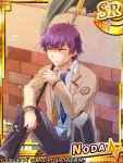  1boy angel_beats! halberd misaki_juri necktie noda_(angel_beats!) polearm poleaxe purple_hair school_uniform short_hair violet_eyes weapon 