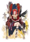  1girl andrian_gilang ankle_wraps bare_shoulders bird_on_arm breasts capelet chalice circlet cleavage coin crossed_legs crown_removed flag granblue_fantasy highres jewelry lamp leg_wrap love_live!_school_idol_project nishikino_maki raven redhead ring sandals sitting solo throne treasure_chest vambraces violet_eyes 
