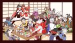  akechi_mitsuhide_(sengoku_basara) armor bald black_border black_hair blush border bottle brown_hair cape card character_request chopsticks closed_eyes crossed_arms date_masamune_(sengoku_basara) drink food fuuma_kotarou grey_hair hair_over_eyes hair_tie hat helmet highres indian_style ishida_mitsunari_(sengoku_basara) japanese_armor japanese_clothes karaoke katakura_kojuurou kuroda_kanbei li_naotora long_coat long_hair matsunaga_hisahide multicolored_hair oda_nobunaga_(sengoku_basara) ootani_yoshitsugu playing_card ponytail redhead sakon_shima_(sengoku_musou) sanada_yukimura_(sengoku_basara) sarutobi_sasuke scar sengoku_basara shoulder_spikes shuntaro_(syun_gaomu) singing sitting spikes takenaka_hanbee_(sengoku_basara) tatami tokugawa_ieyasu_(sengoku_basara) toyotomi_hideyoshi_(sengoku_basara) tsuruhime two-tone_hair white_hair 