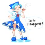  (9) 1girl between_fingers blue_hair bow cigar cirno cirno_(cosplay) dress english frills hair_bow hand_on_hip holding mary_janes nappooz peacock_(skullgirls) puffy_sleeves shoes short_hair simple_background skullgirls smile smoking smug solo speech_bubble touhou white_background wings 
