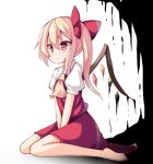  1girl ascot barefoot blonde_hair bow dress flandre_scarlet hair_bow no_hat ominaeshi_(takenoko) puffy_short_sleeves puffy_sleeves red_dress red_eyes shirt short_sleeves side_ponytail sitting solo touhou v_arms wariza wings 