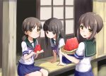  3girls ame. black_hair blue_skirt brown_eyes brown_hair closed_mouth eating food fruit fubuki_(kantai_collection) hatsuyuki_(kantai_collection) kantai_collection long_hair low_twintails multiple_girls open_mouth pleated_skirt school_uniform serafuku shirayuki_(kantai_collection) short_hair short_sleeves skirt twintails watermelon 