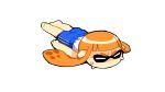 1girl bangs bare_legs blunt_bangs closed_eyes domino_mask double_vertical_stripe full_body haruka_(niconico) inkling long_hair lying mask on_stomach orange_hair pointy_ears shirt shorts simple_background smile solo splatoon sweat tentacle_hair vertical-striped_shorts vertical_stripes white_background white_shirt 