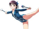  1girl black_eyes black_hair gymnastics holding juggling_club leaning leg_up leotard matsunaga_kouyou original ponytail rhythmic_gymnastics short_hair simple_background standing_on_one_leg white_background 