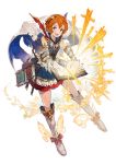  1girl :d andrian_gilang armor book boots cape dress gloves granblue_fantasy hairband highres hoshizora_rin knee_boots love_live!_school_idol_project open_mouth orange_hair shoes short_hair smile winged_shoes wings yellow_eyes 