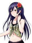  1girl bare_shoulders blue_hair blush breasts brown_eyes cleavage flower hair_flower hair_ornament highres long_hair love_live!_school_idol_project midriff navel open_mouth solo sonoda_umi suzushiro_yukari 