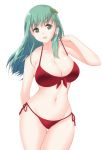  1girl bikini breasts cleavage collarbone frog_hair_ornament green_eyes green_hair hair_ornament highres kochiya_sanae large_breasts long_hair looking_at_viewer navel open_mouth red_bikini side-tie_bikini smile solo swimsuit swimsuit_under_clothes touhou x&amp;x&amp;x 