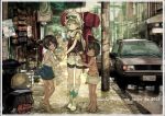  3girls akiyama_tama backpack bag bike_shorts blue_eyes brown_hair car dark_skin full_body hair_between_eyes hat looking_at_viewer motor_vehicle multiple_girls original portuguese road scarf shorts silver_hair socks standing street sunglasses sunglasses_on_head v vehicle 