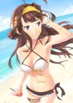  1girl absurdres adjusting_hair baffu beach bikini breasts brown_hair cowboy_shot criss-cross_halter double_bun halter_top halterneck headgear highres kantai_collection kongou_(kantai_collection) long_hair looking_to_the_side navel ocean plastic_cup sky solo starbucks swimsuit violet_eyes white_bikini white_swimsuit wrist_cuffs 