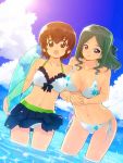  2girls bikini bikini_skirt black_eyes brown_eyes brown_hair feet_in_water green_hair innertube matoba_marina multiple_girls short_hair soaking_feet standing swimsuit takano_miyuki tessai tetsudou_musume water 