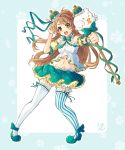  1elda1 1girl bare_shoulders bird bloomers blush bow brown_hair crown detached_sleeves highres long_hair looking_at_viewer love_live!_school_idol_festival love_live!_school_idol_project minami_kotori mismatched_legwear navel open_mouth puffy_sleeves ribbon skirt smile snowflakes solo striped striped_bow striped_legwear thigh-highs underwear vertical-striped_legwear vertical_stripes yellow_eyes zettai_ryouiki 