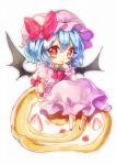 1girl ascot bat_wings blue_hair blush brooch chibi dress finger_to_mouth food food_on_face fruit jewelry looking_at_viewer minigirl mob_cap remilia_scarlet sitting_on_object solo strawberry strawberry_swiss_roll suzuka_sario swiss_roll touhou wings wrist_cuffs 