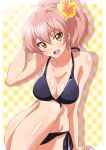  1girl :d bikini black_bikini blush breasts flower hair_flower hair_ornament idolmaster idolmaster_cinderella_girls jougasaki_mika looking_at_viewer open_mouth pink_hair plaid plaid_background ponytail short_hair side-tie_bikini smile solo swimsuit washizuka_shou yellow_eyes 