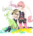  2girls absurdres aori_(splatoon) aori_(splatoon)_(cosplay) bare_shoulders cosplay detached_collar domino_mask dress gloves green_legwear hairband hat hat_ribbon highres hotaru_(splatoon) hotaru_(splatoon)_(cosplay) kneeling komeiji_koishi komeiji_satori looking_at_viewer multiple_girls pink_eyes pink_hair pink_legwear pointy_ears ribbon siblings simple_background sisters sitting smile splatoon strapless_dress third_eye touhou unitard white_gloves white_hair 