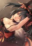  1girl absurdres bare_shoulders black_gloves black_hair breasts clock_eyes date_a_live dress elbow_gloves from_above gloves hairband heterochromia highres lolita_fashion lolita_hairband long_hair looking_at_viewer red_eyes solo tokisaki_kurumi tongue tongue_out twintails yellow_eyes 