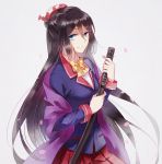  1girl black_hair blue_eyes bow coat hair_ornament ichimonji_mezuru long_hair magicpants school_uniform shinken!! smile solo sword weapon 