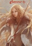  1girl armor artist_request blonde_hair cape claymore copyright_name grey_eyes long_hair painterly simple_background solo sword teresa weapon 