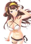  1girl absurdres adjusting_hair baffu bikini breasts brown_hair cowboy_shot criss-cross_halter double_bun halter_top halterneck headgear highres kantai_collection kongou_(kantai_collection) long_hair looking_to_the_side navel plastic_cup simple_background solo starbucks swimsuit violet_eyes white_background white_bikini white_swimsuit wrist_cuffs 